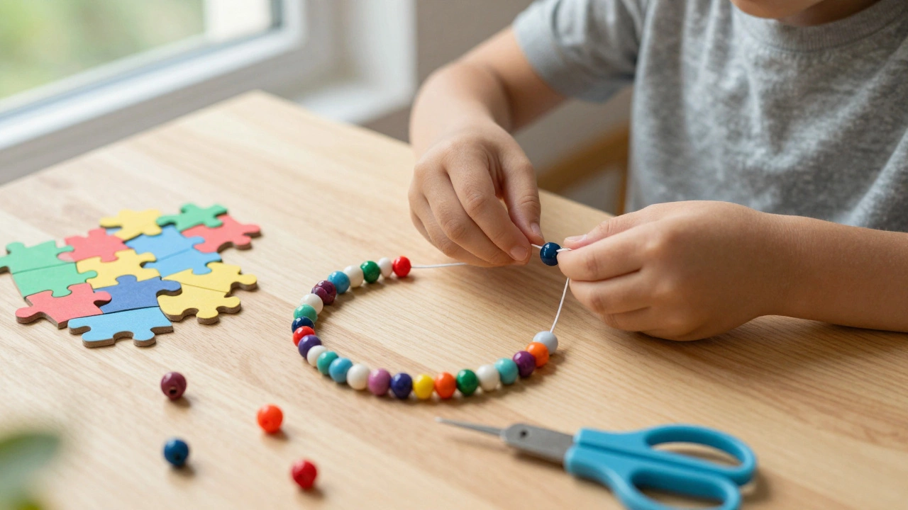 Ребёнок нанизывает бусины на нить, развивая мелкую моторику.