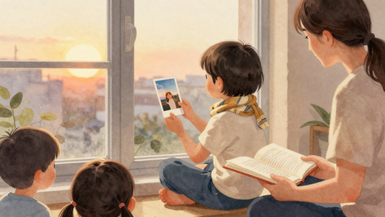 Ребёнок смотрит в окно, держа фотографию и платок, воспитатель читает книгу.