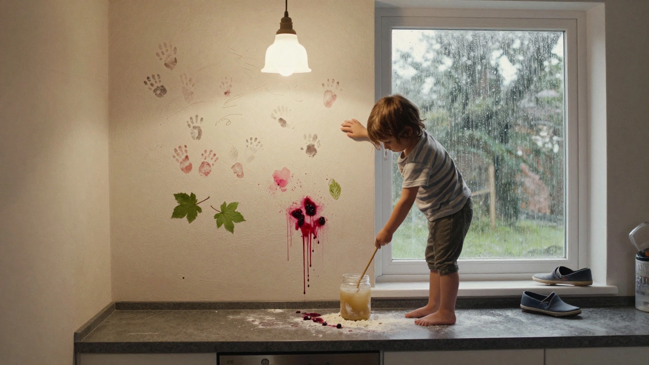 Ребёнок создаёт рисунок на стене с помощью природных материалов под дождём.
