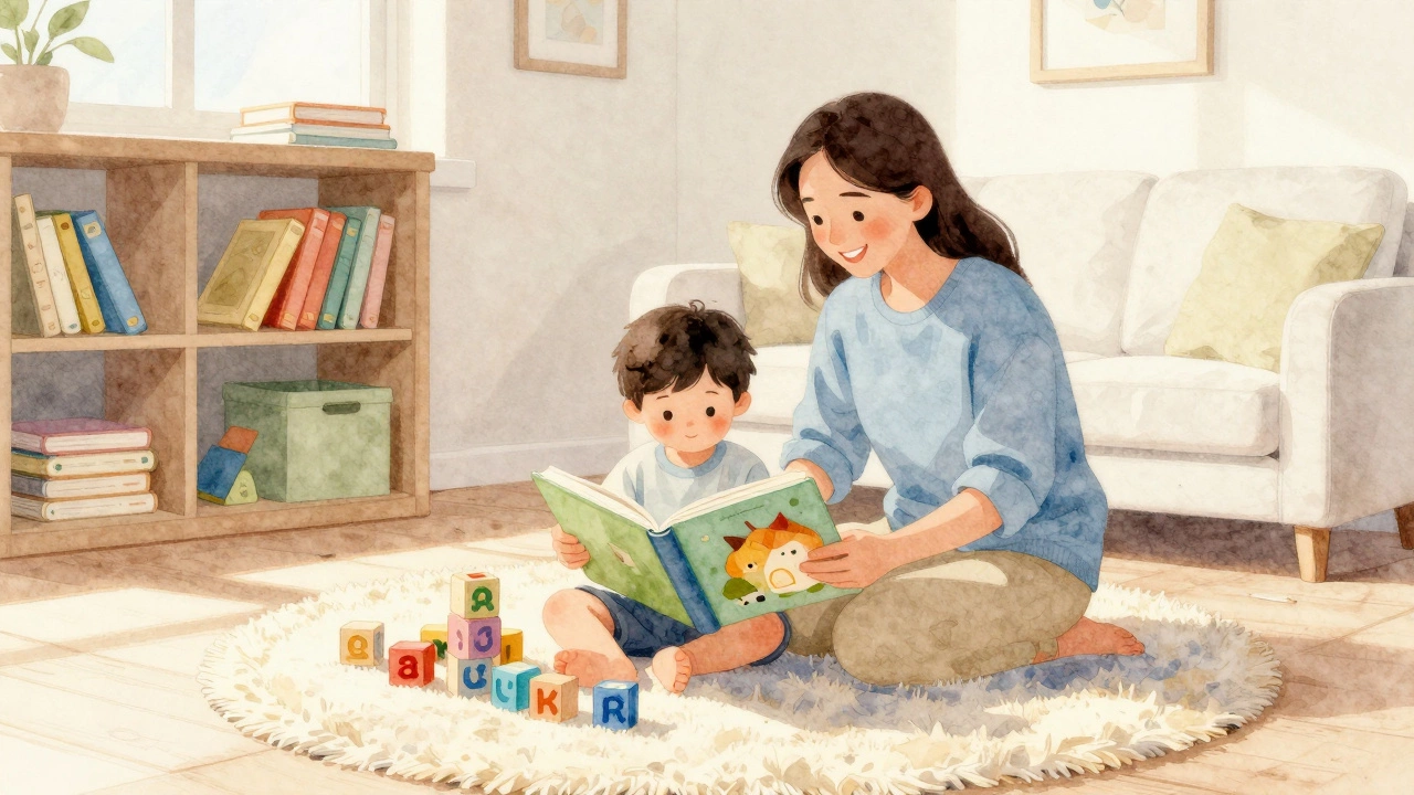 Ребенок учится дома с книгами и родитель рядом.