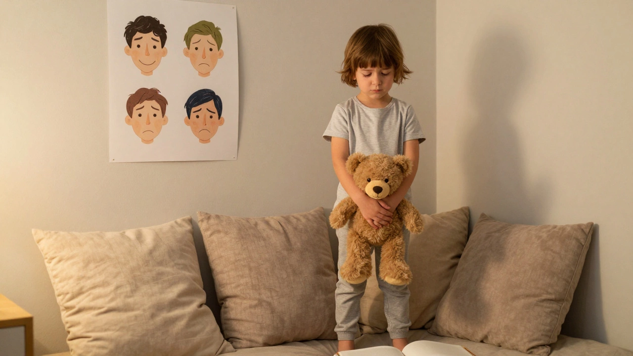 Ребёнок успокаивается в уголке спокойствия с плюшевым медведем.