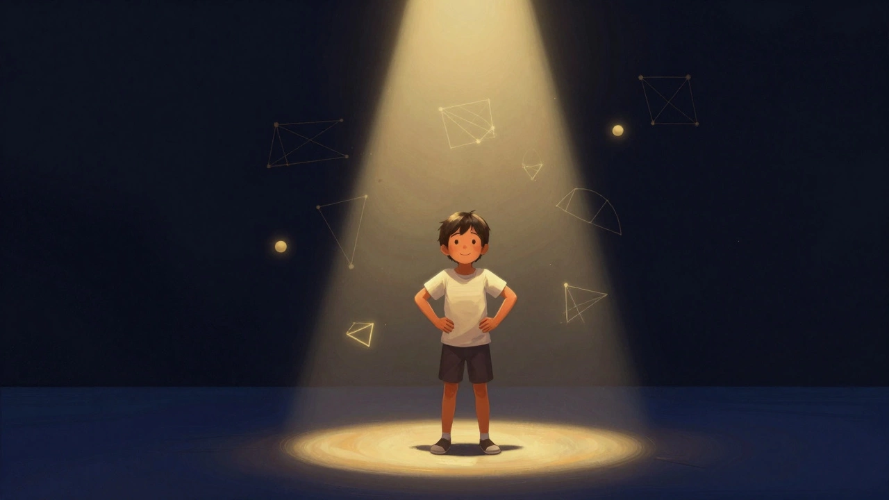 Ребенок уверенно стоит на сцене под прожекторами