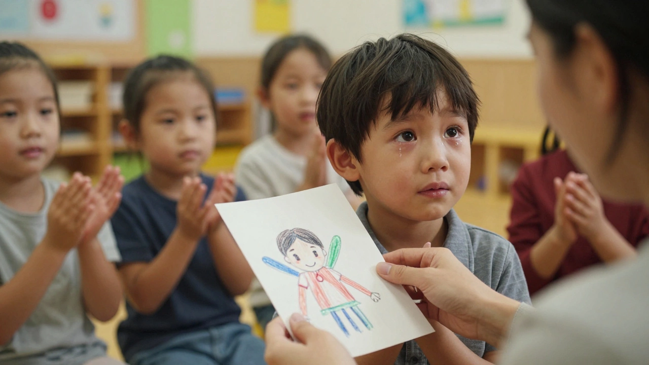 Ребёнок вручает маме handmade открытку, мама смотрит с эмоциями, другие дети аплодируют.