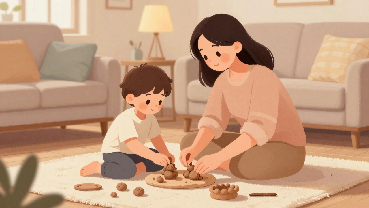 Родитель и ребёнок лепят фигурки из пластилина в тёплом домашнем интерьере.