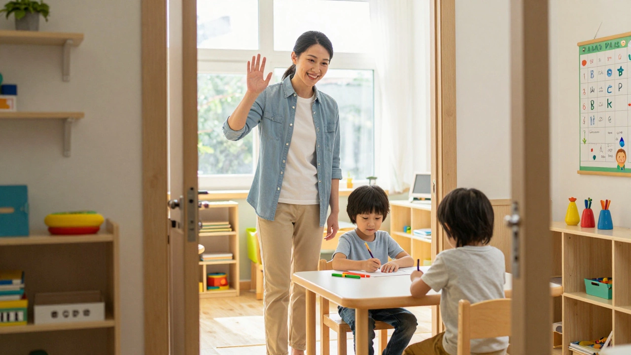 Родитель прощается с ребёнком в детском саду, ребёнок спокойно рисует.