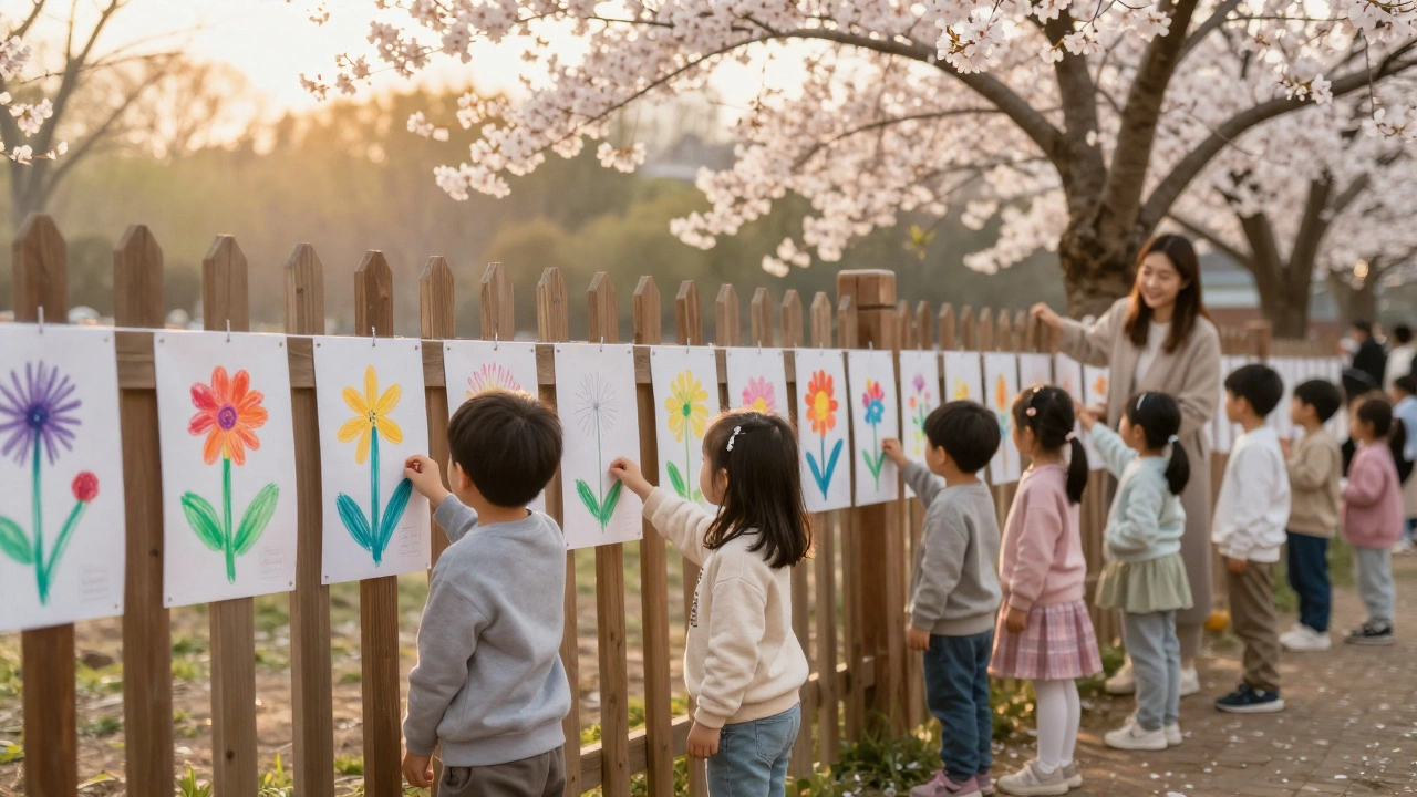 Весенняя выставка рисунков цветов в детском саду, ребёнок трогает свой рисунок под светом заката.