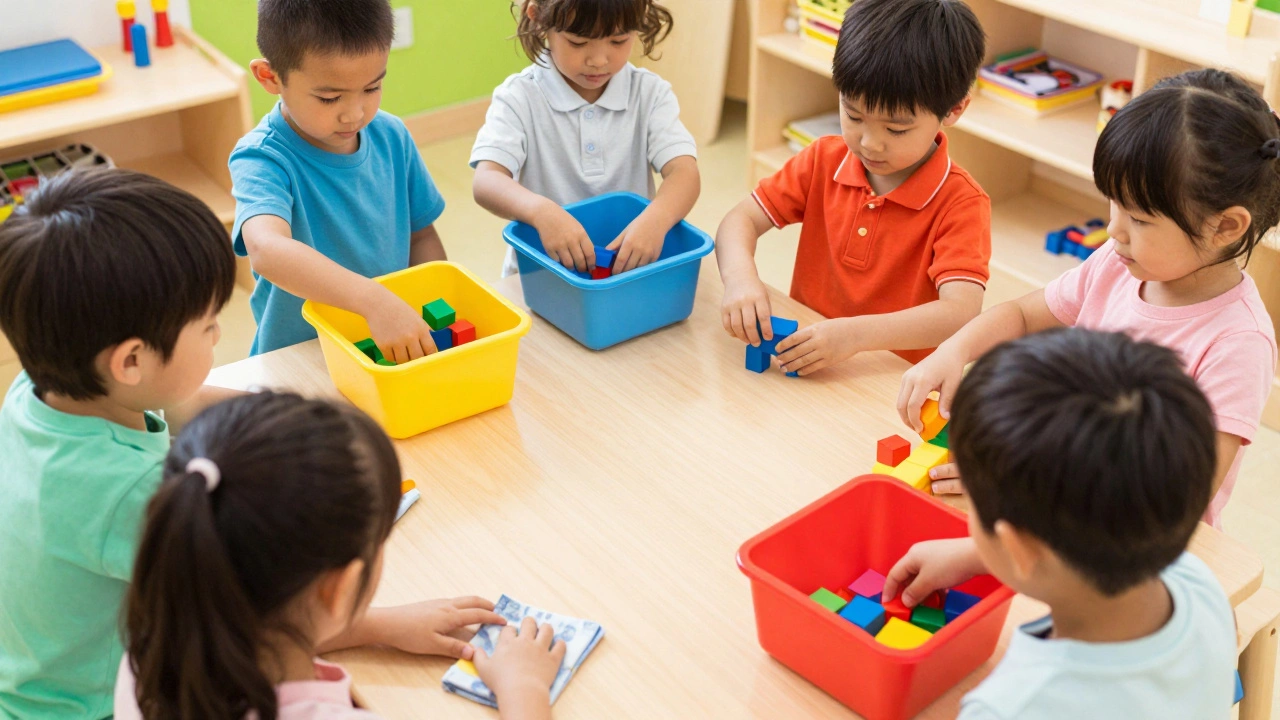 Дети в детском саду вместе убирают игрушки в рамках практического занятия