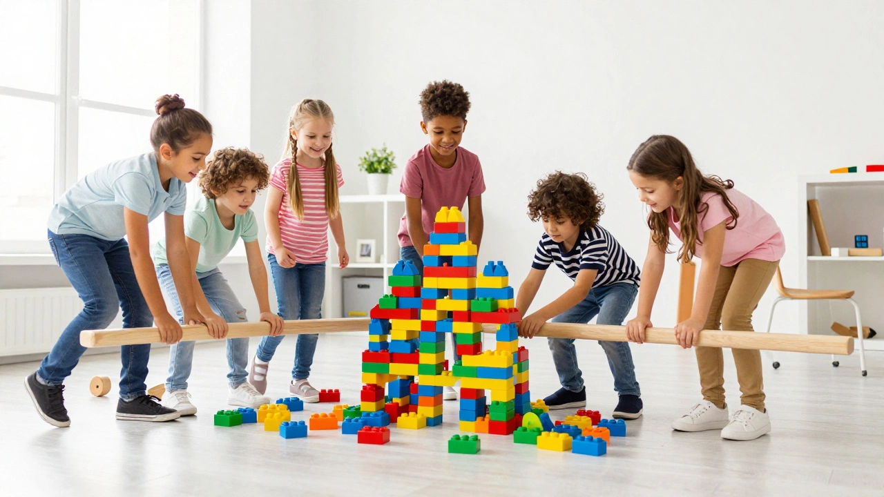 Дети вместе строят замок из конструктора и занимаются активными играми