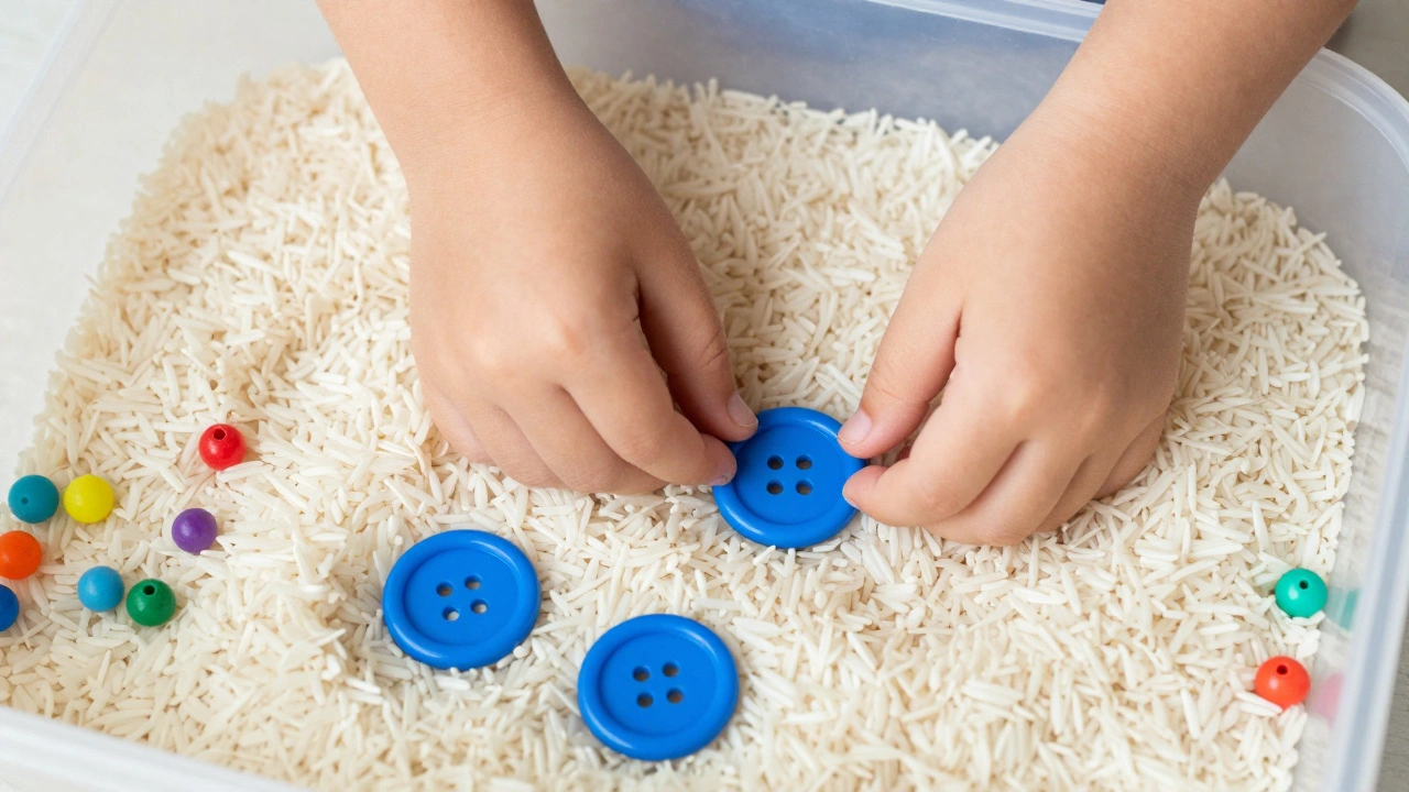 Детские руки достают синие пуговицы из сенсорной коробки с рисом