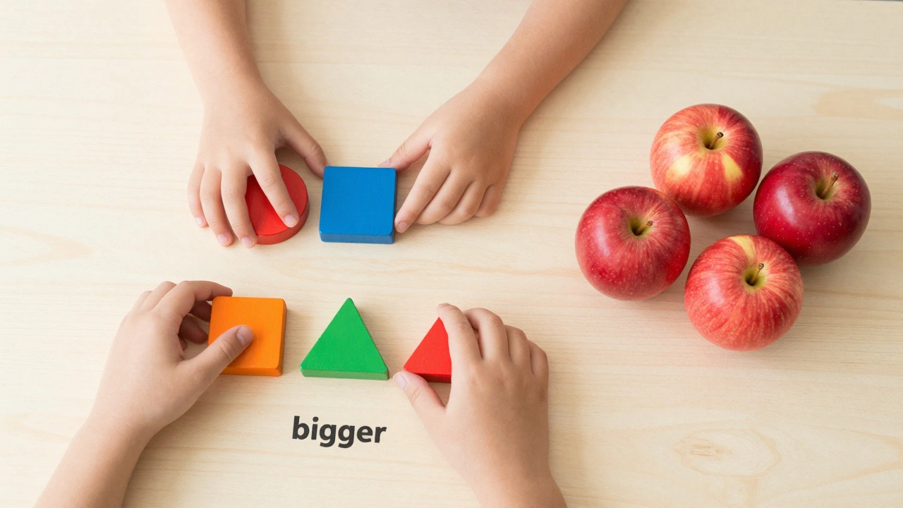 Детские руки сортируют цветные геометрические фигуры и яблоки разных размеров