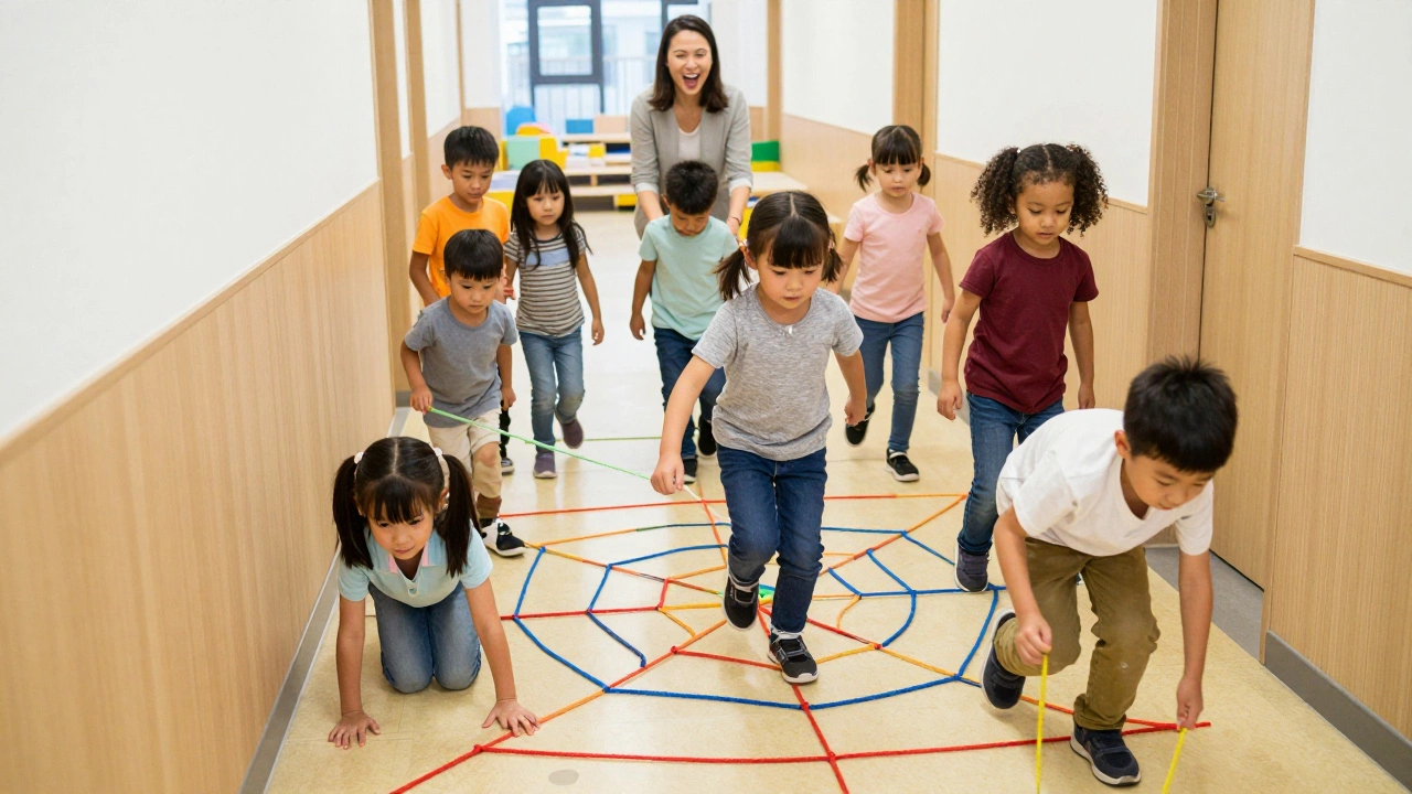 Группа детей проходит через паутину из ниток во время квеста в коридоре сада