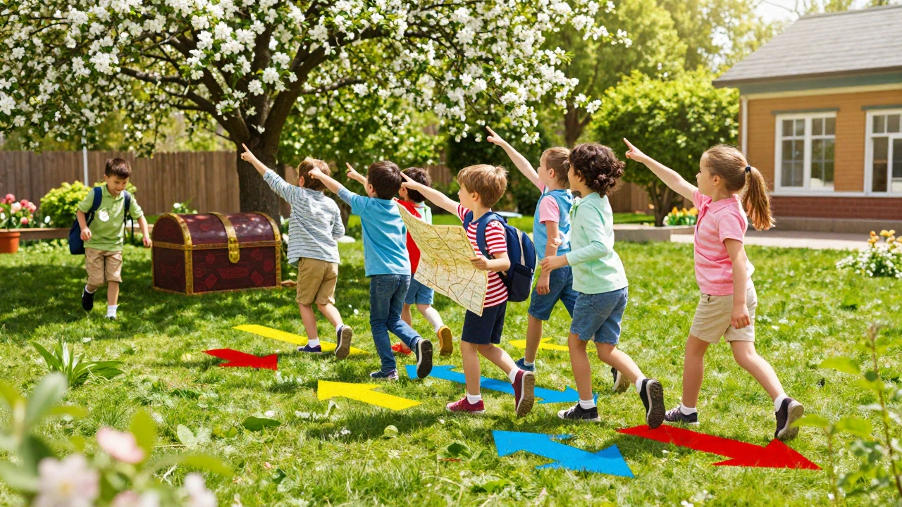 Группа дошкольников ищет сокровища во время квеста на территории детского сада