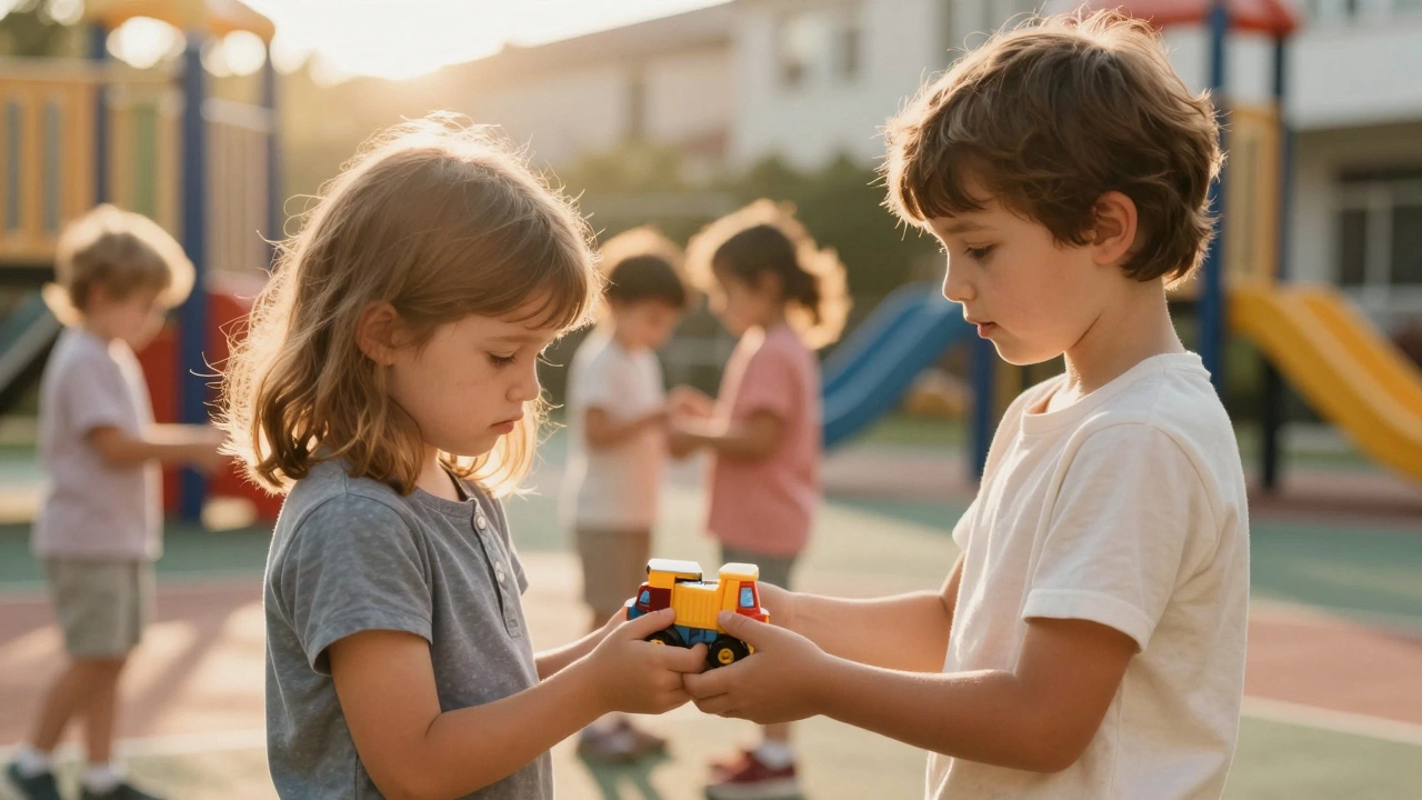 Ребенок дружелюбно делится игрушкой с другим малышом на детской площадке
