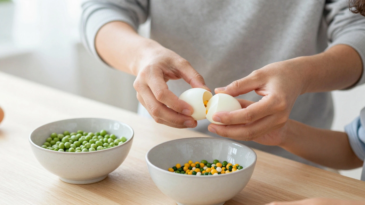 Ребенок помогает родителю сортировать горох и фасоль в мисках на кухне