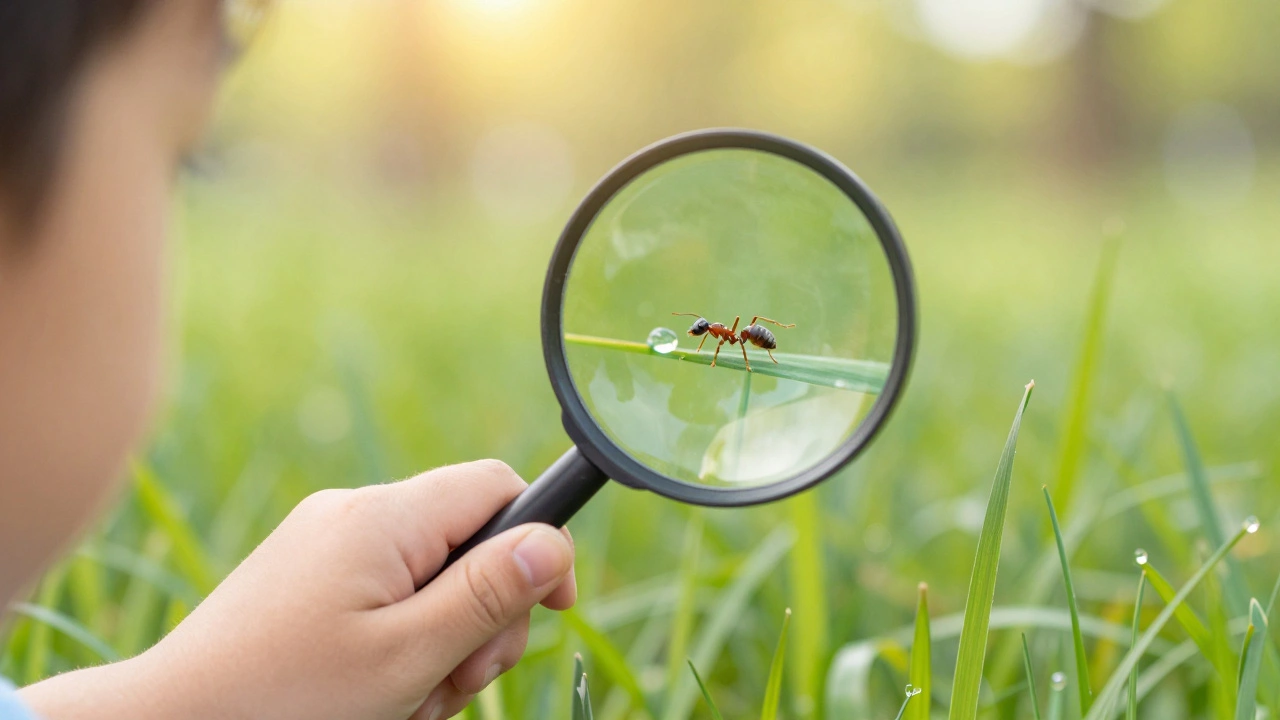 Ребенок рассматривает муравья в траве через увеличительное стекло