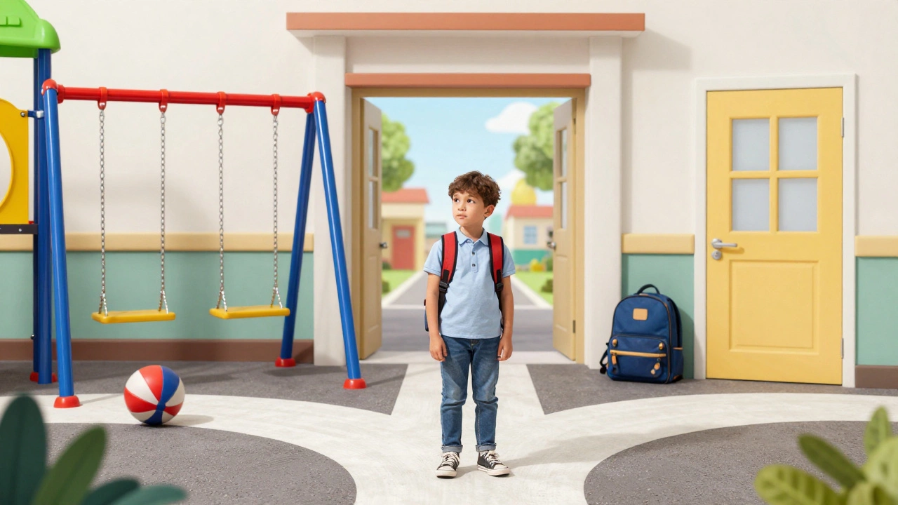 Ребенок с рюкзаком на пути от игровой площадки к школе