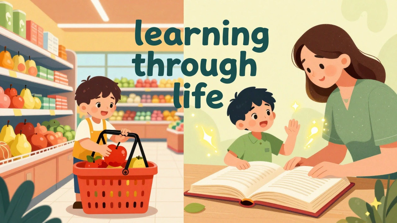 Ребенок считает фрукты в магазине и обсуждает книгу с родителем