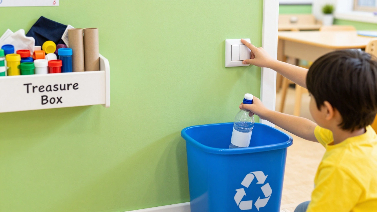 Ребенок сортирует пластик в специальный контейнер в экологичном классе