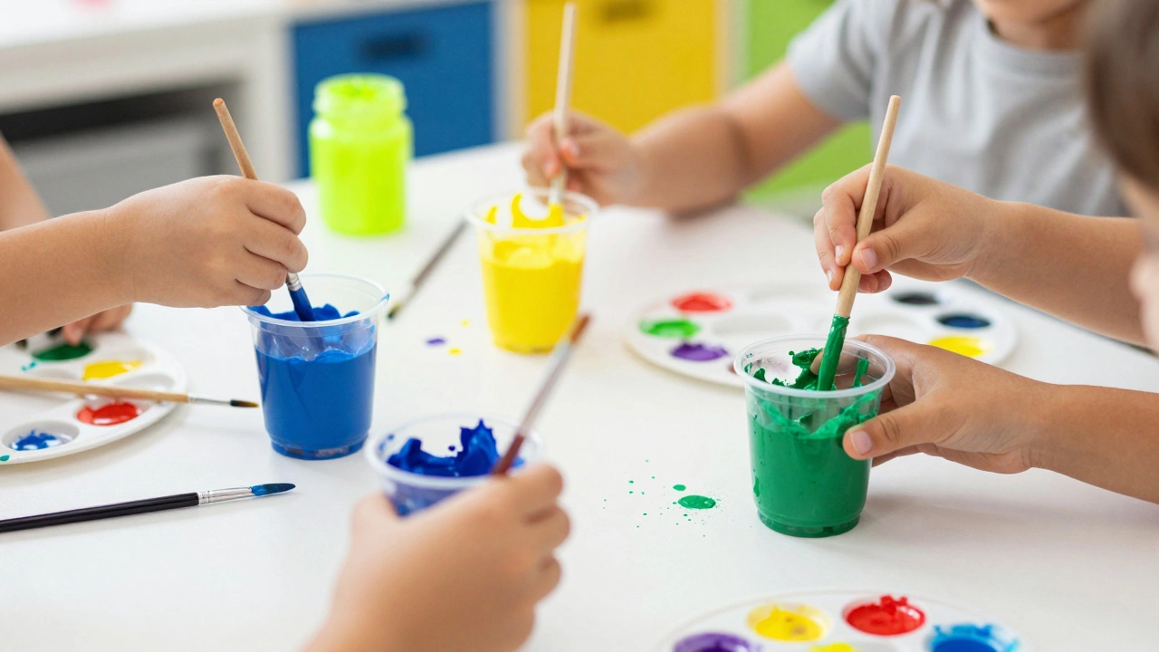 Руки детей смешивают яркие краски во время творческого мастер-класса