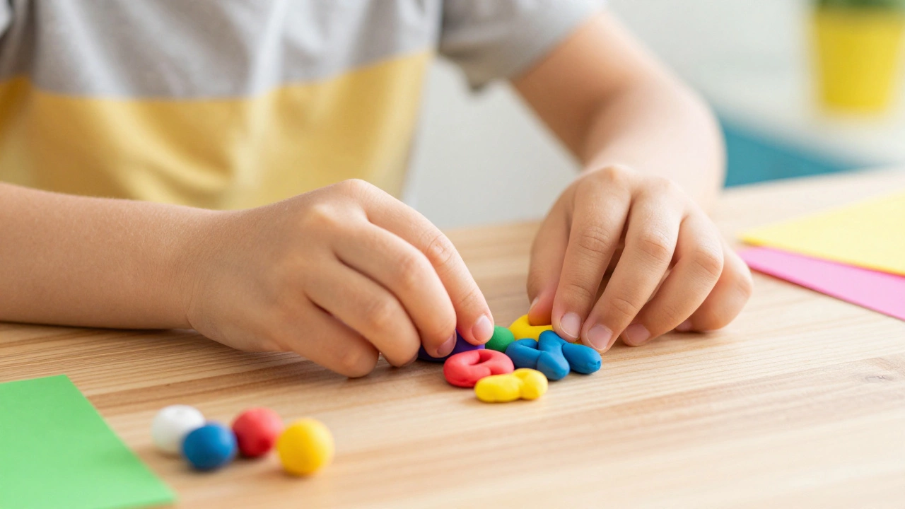 Руки ребенка, лепящего фигуры из разноцветного пластилина