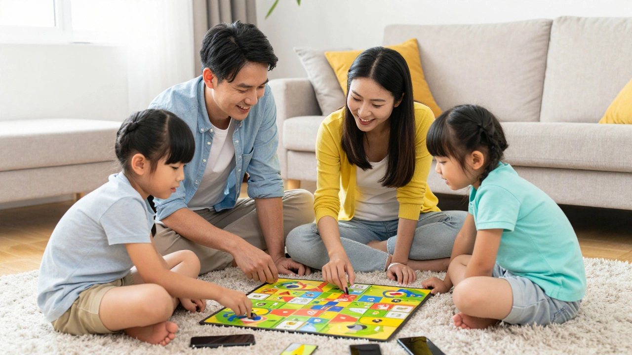 Семья играет в настольную игру, отложив телефоны в сторону