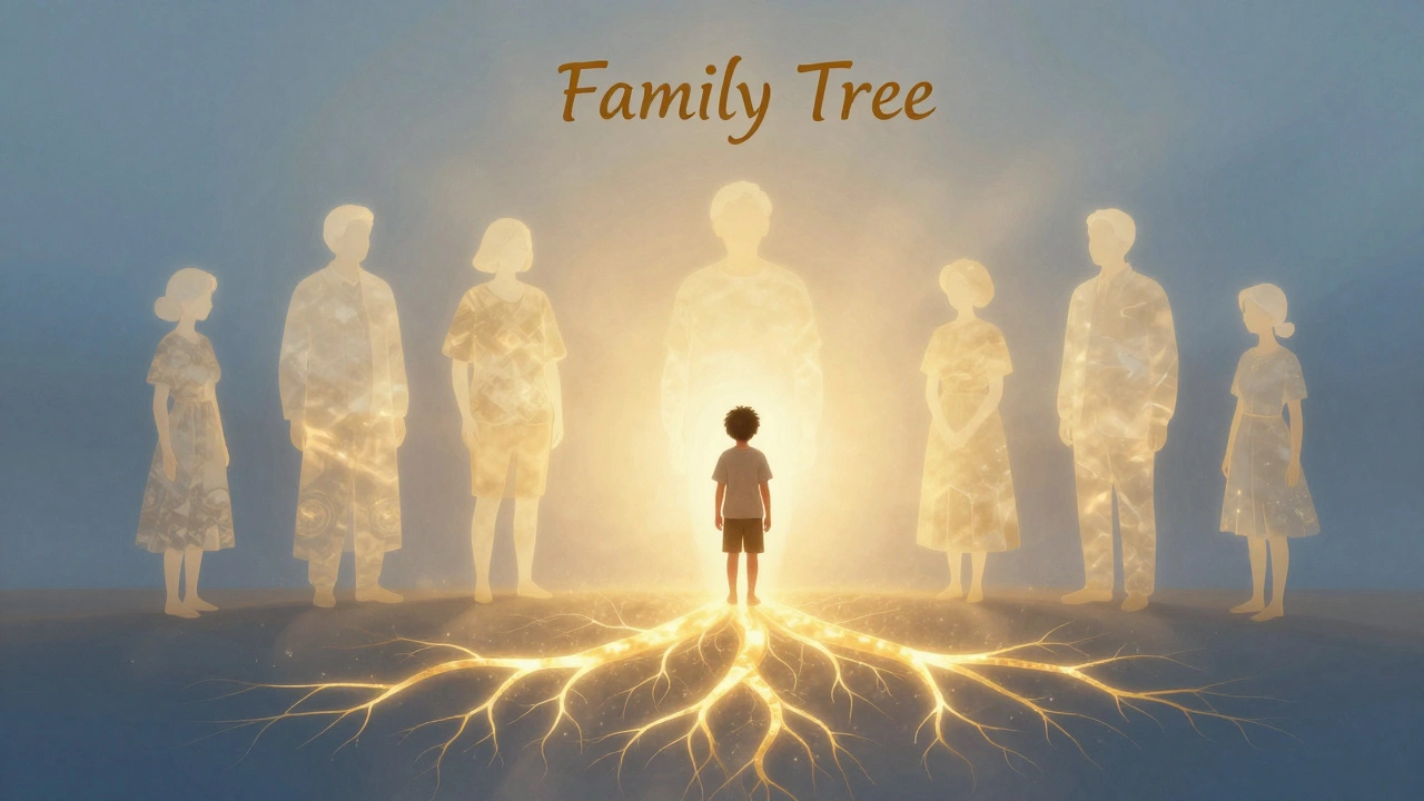 Стилизованное изображение ребенка, связанного золотыми корнями с предками