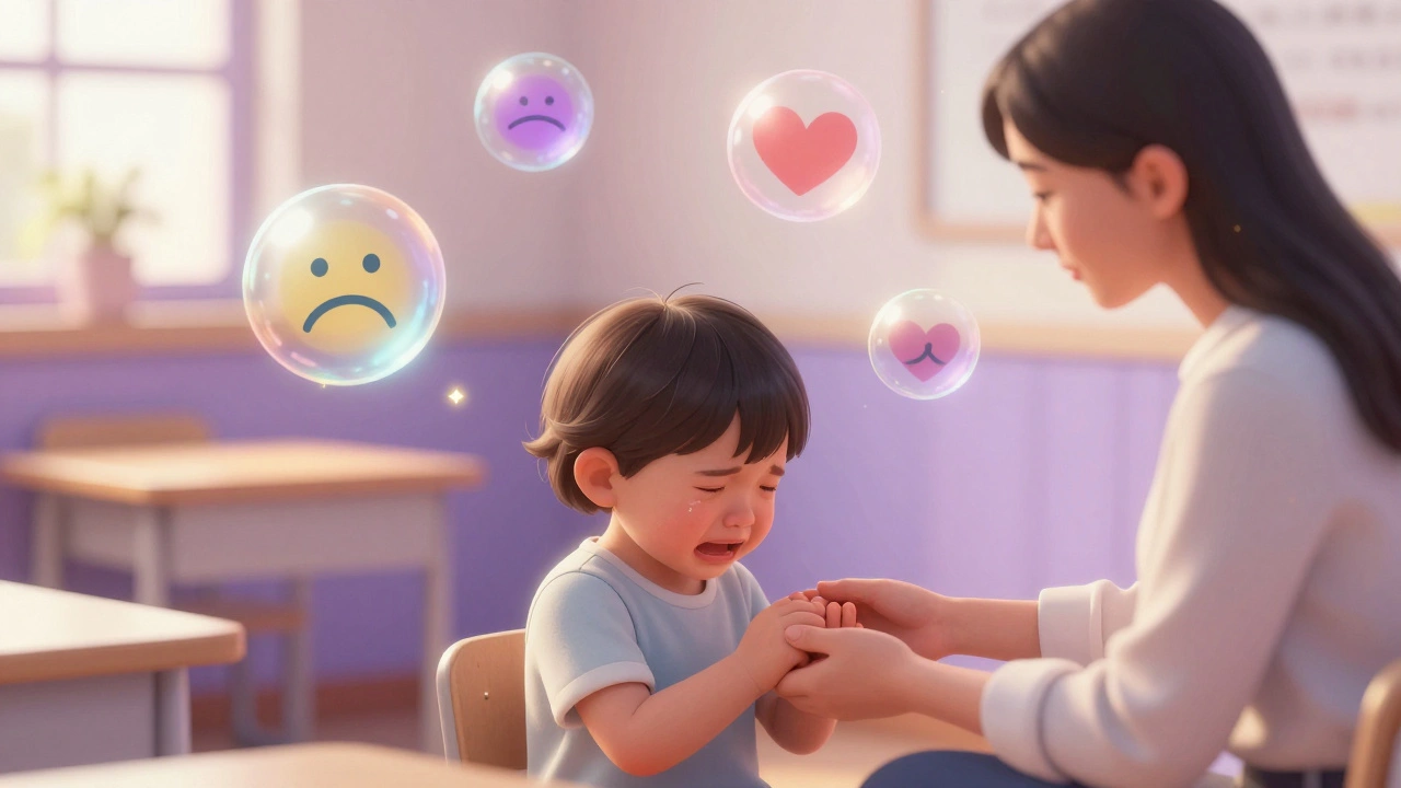 Воспитатель поддерживает плачущего ребенка, помогая ему справиться с эмоциями