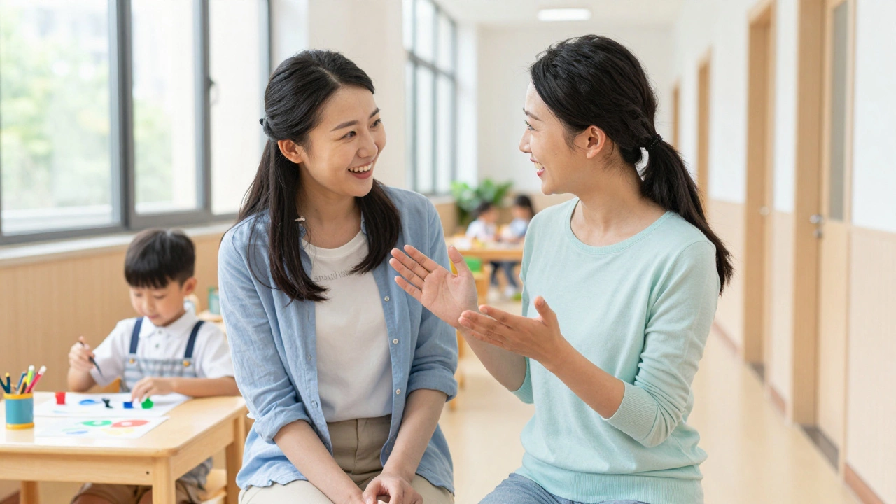 Воспитатель позитивно общается с мамой ребенка в коридоре детского сада