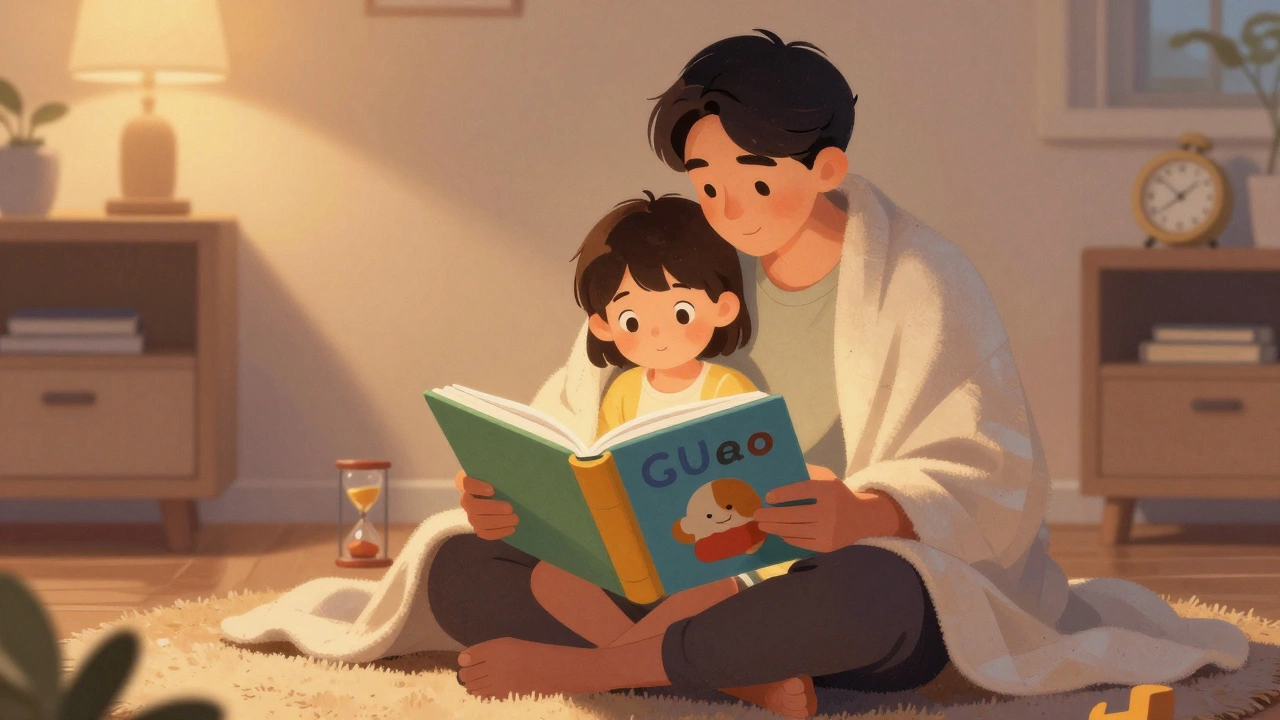Родитель читает книгу пятилетнему ребенку перед сном