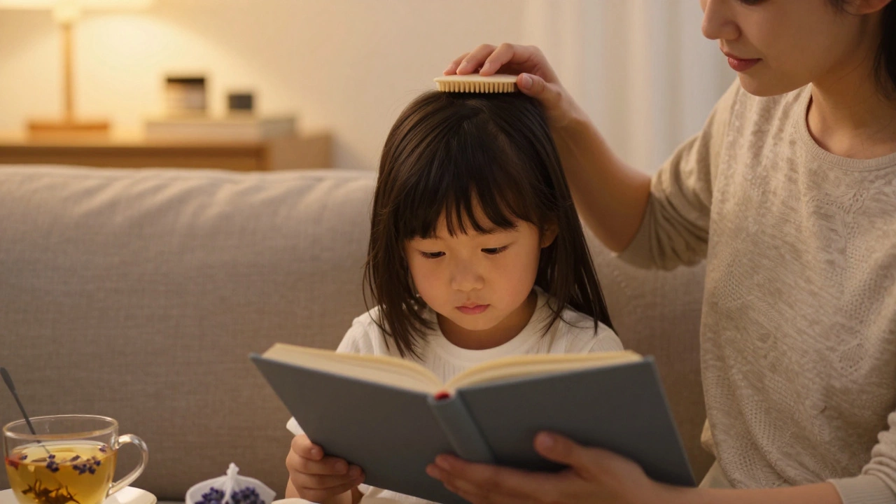 Родитель читает книгу ребенку вечером для успокоения