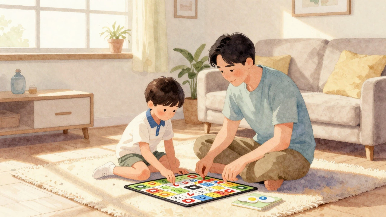Родитель и ребенок играют в настольную игру дома, развивая терпение
